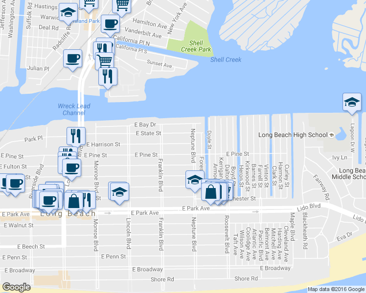 map of restaurants, bars, coffee shops, grocery stores, and more near 532 East Harrison Street in Long Beach