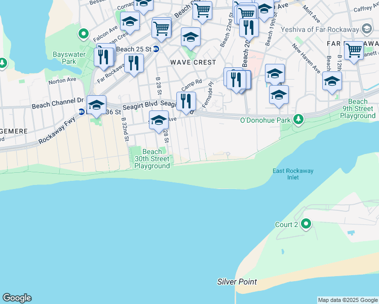 map of restaurants, bars, coffee shops, grocery stores, and more near 1-28 Beach 27th Street in Queens