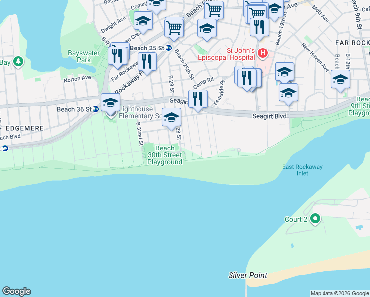 map of restaurants, bars, coffee shops, grocery stores, and more near 1-12 Beach 29th Street in Queens