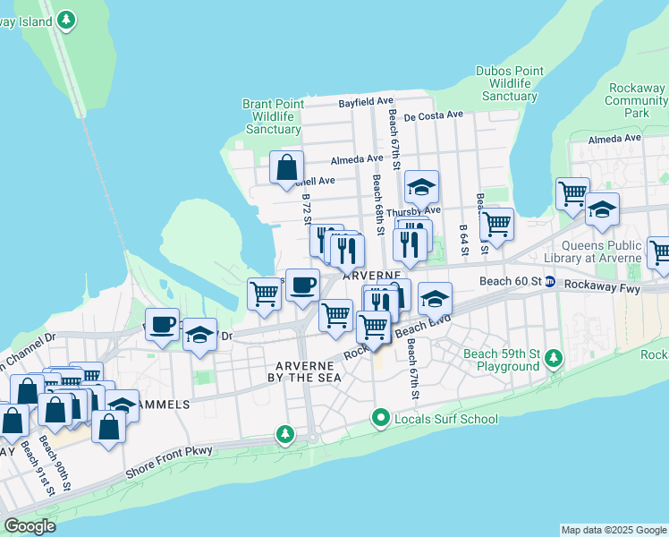 map of restaurants, bars, coffee shops, grocery stores, and more near 69-47 Gouverneur Avenue in Queens