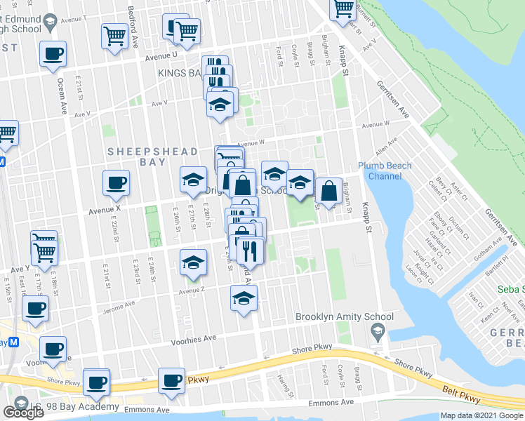 map of restaurants, bars, coffee shops, grocery stores, and more near 2435 Haring Street in Brooklyn