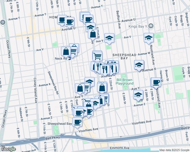 map of restaurants, bars, coffee shops, grocery stores, and more near 2810 Ocean Avenue in Brooklyn