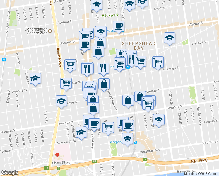map of restaurants, bars, coffee shops, grocery stores, and more near 2340 East 13th Street in Brooklyn