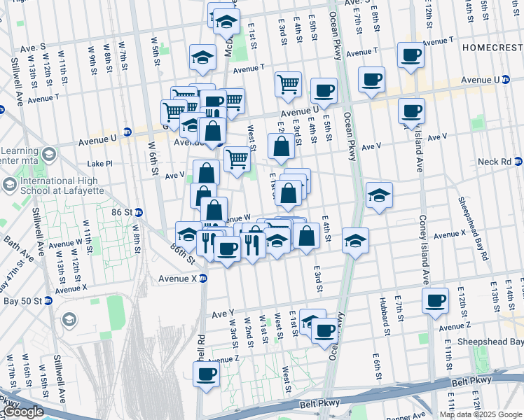map of restaurants, bars, coffee shops, grocery stores, and more near 2286 West Street in Brooklyn