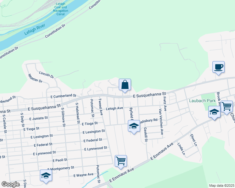 map of restaurants, bars, coffee shops, grocery stores, and more near 1017 East Susquehanna Street in Allentown
