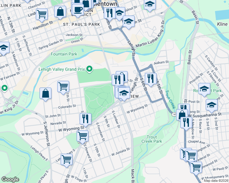 map of restaurants, bars, coffee shops, grocery stores, and more near 729 State Route 2055 in Allentown