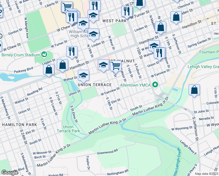 map of restaurants, bars, coffee shops, grocery stores, and more near 222 South Saint Cloud Street in Allentown