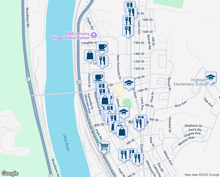 map of restaurants, bars, coffee shops, grocery stores, and more near 1040 Melrose Avenue in Ambridge