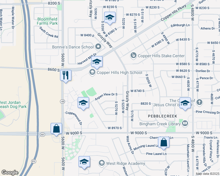 map of restaurants, bars, coffee shops, grocery stores, and more near 8729 Mountain Pass Circle in West Jordan