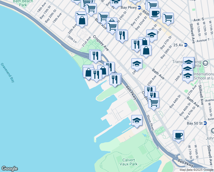 map of restaurants, bars, coffee shops, grocery stores, and more near 1736 Shore Parkway in Brooklyn