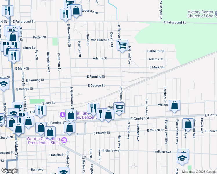 map of restaurants, bars, coffee shops, grocery stores, and more near 621 East George Street in Marion