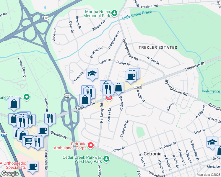 map of restaurants, bars, coffee shops, grocery stores, and more near 4158 Hampshire Court in Allentown
