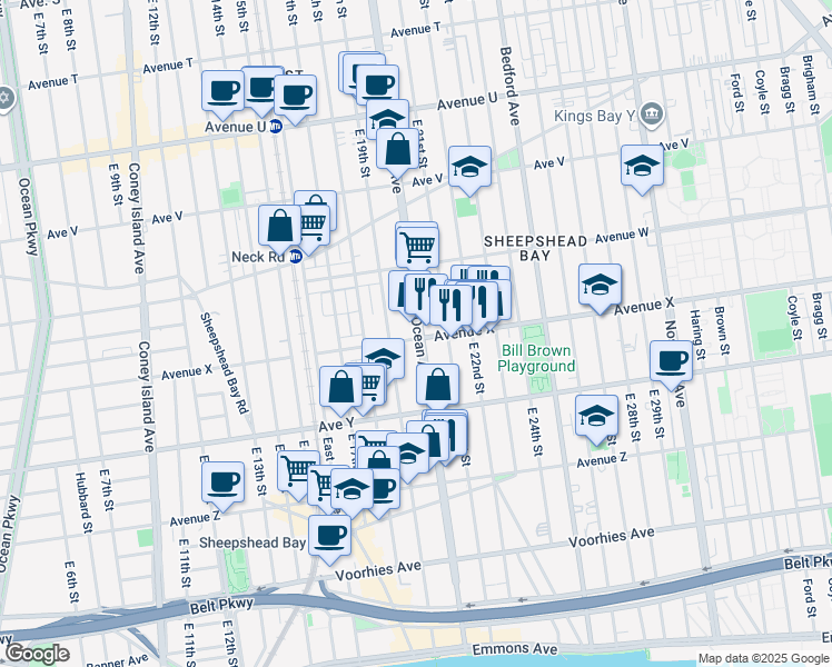 map of restaurants, bars, coffee shops, grocery stores, and more near 2810 Ocean Avenue in Brooklyn