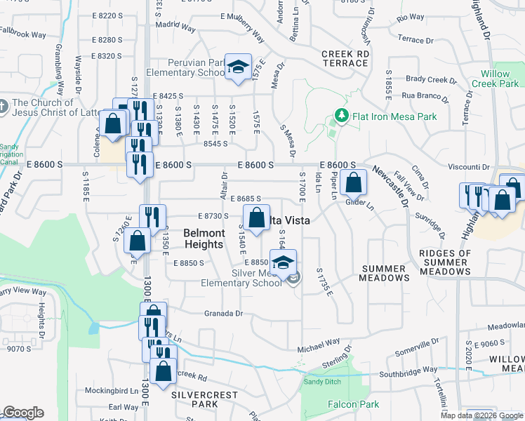 map of restaurants, bars, coffee shops, grocery stores, and more near 1593 East 8730 South in Sandy