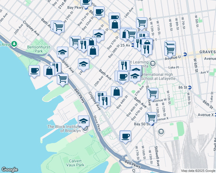 map of restaurants, bars, coffee shops, grocery stores, and more near 214 Bay 41st Street in Brooklyn