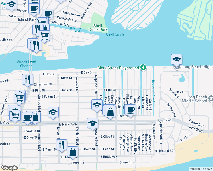 map of restaurants, bars, coffee shops, grocery stores, and more near 62 Doyle Street in Long Beach