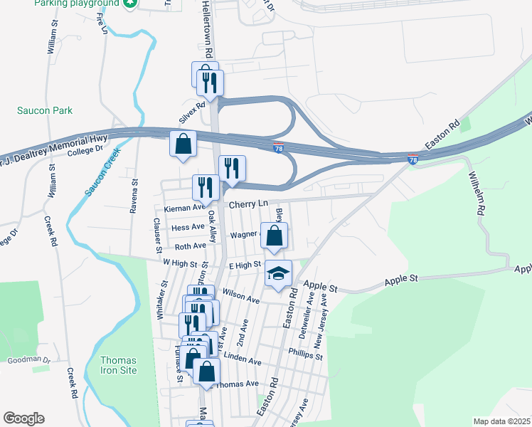 map of restaurants, bars, coffee shops, grocery stores, and more near 1637 Riegel Street in Hellertown
