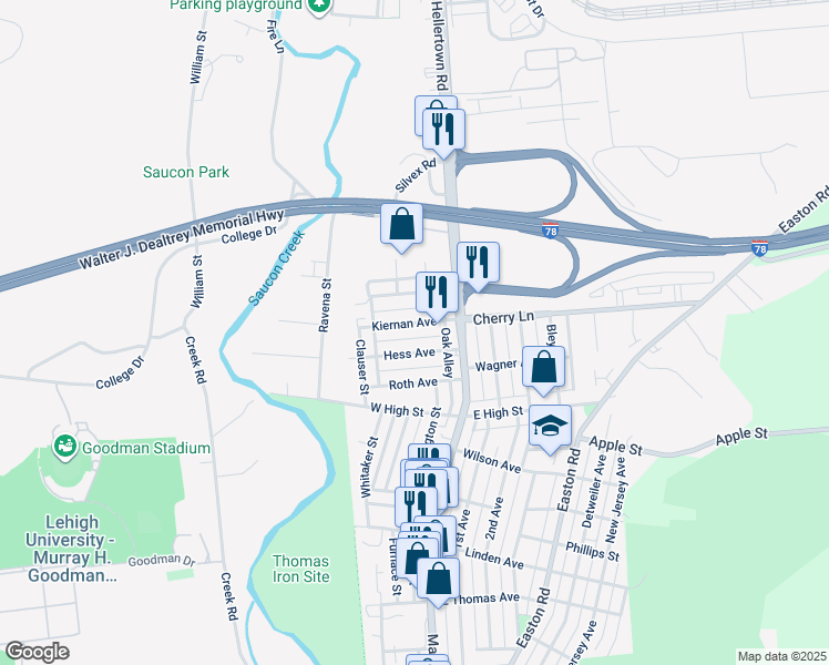 map of restaurants, bars, coffee shops, grocery stores, and more near 50 Kiernan Avenue in Hellertown