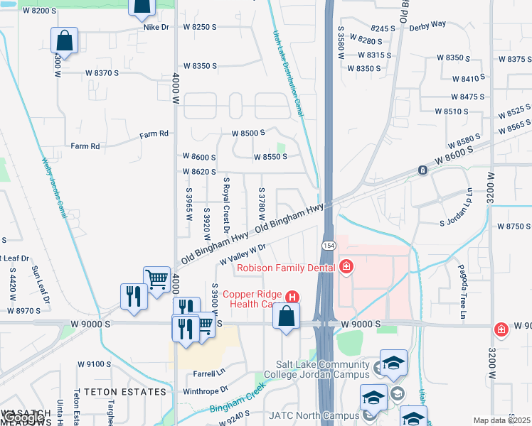 map of restaurants, bars, coffee shops, grocery stores, and more near 8731 South 3780 West in West Jordan