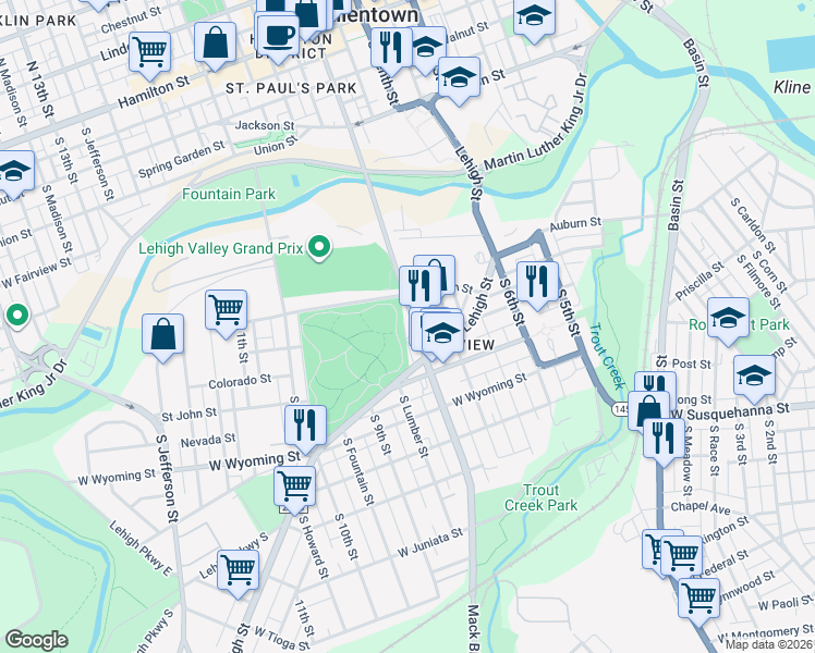 map of restaurants, bars, coffee shops, grocery stores, and more near 729 State Route 2055 in Allentown