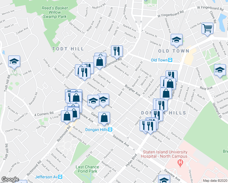map of restaurants, bars, coffee shops, grocery stores, and more near 111 Raritan Avenue in Staten Island