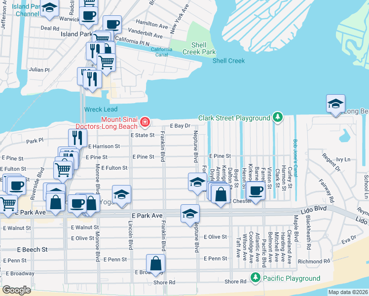 map of restaurants, bars, coffee shops, grocery stores, and more near 532 East Harrison Street in Long Beach
