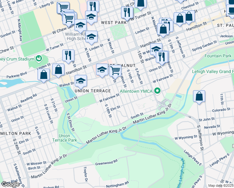 map of restaurants, bars, coffee shops, grocery stores, and more near 239 South 17th Street in Allentown