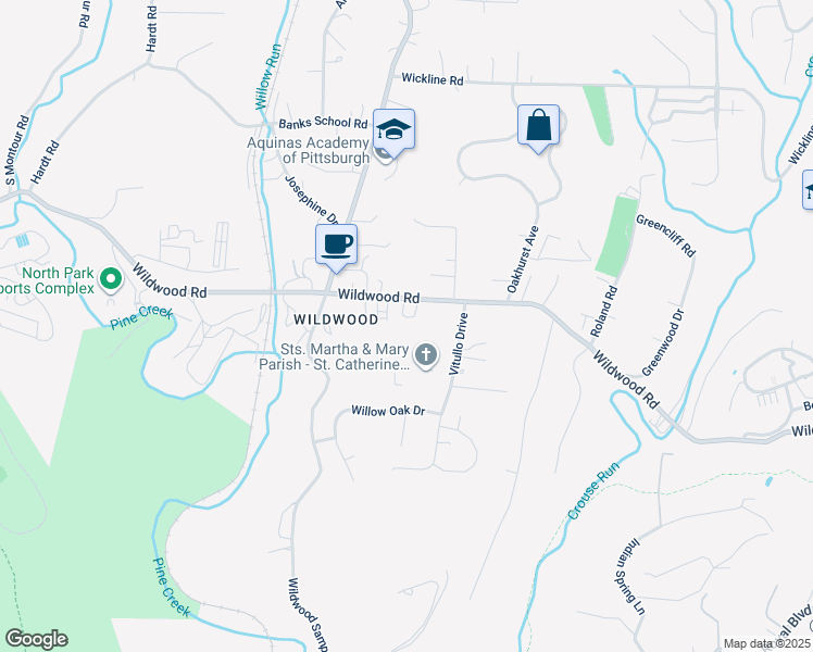 map of restaurants, bars, coffee shops, grocery stores, and more near 2524 Wildwood Road in Hampton Township