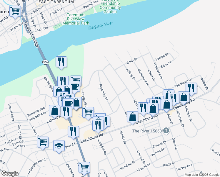 map of restaurants, bars, coffee shops, grocery stores, and more near 221 Reed Street in New Kensington