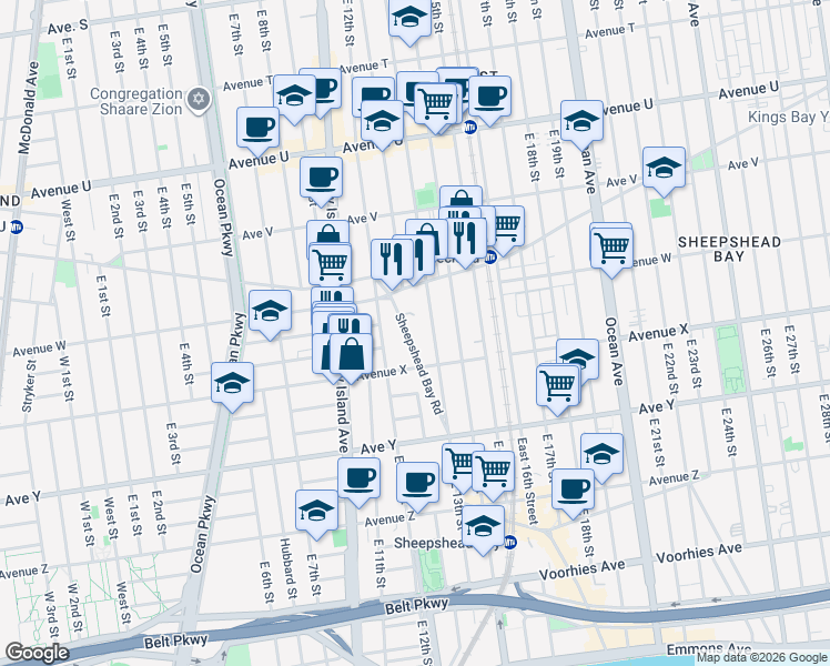 map of restaurants, bars, coffee shops, grocery stores, and more near 2340 East 13th Street in Brooklyn