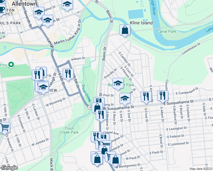 map of restaurants, bars, coffee shops, grocery stores, and more near 904 South Meadow Street in Allentown