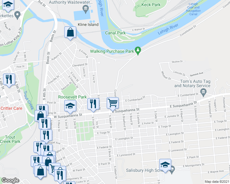 map of restaurants, bars, coffee shops, grocery stores, and more near 223 East Wyoming Street in Allentown