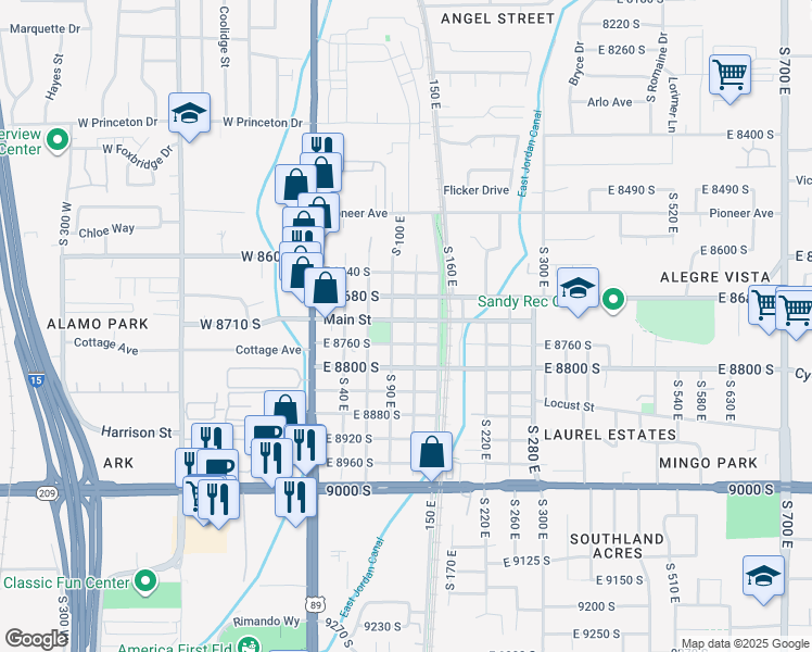 map of restaurants, bars, coffee shops, grocery stores, and more near 110 East Main Street in Sandy