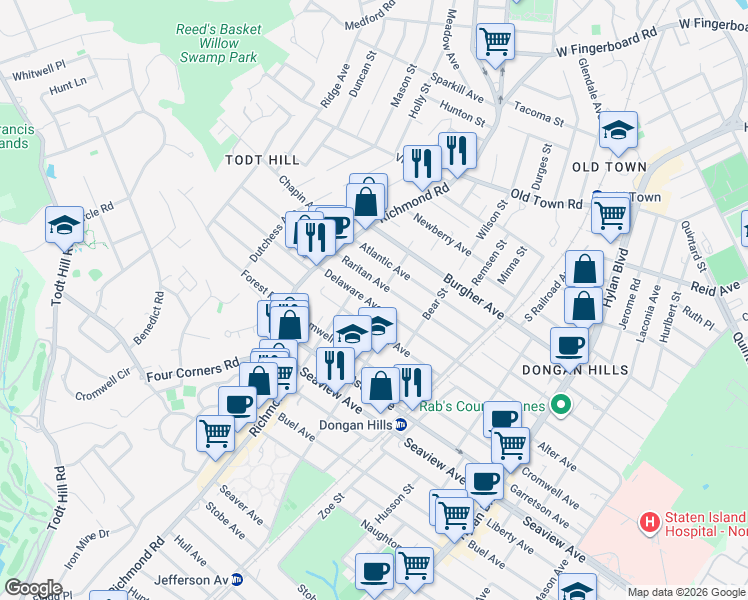 map of restaurants, bars, coffee shops, grocery stores, and more near 77 Delaware Avenue in Staten Island