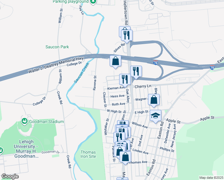map of restaurants, bars, coffee shops, grocery stores, and more near 78 Kiernan Avenue in Hellertown
