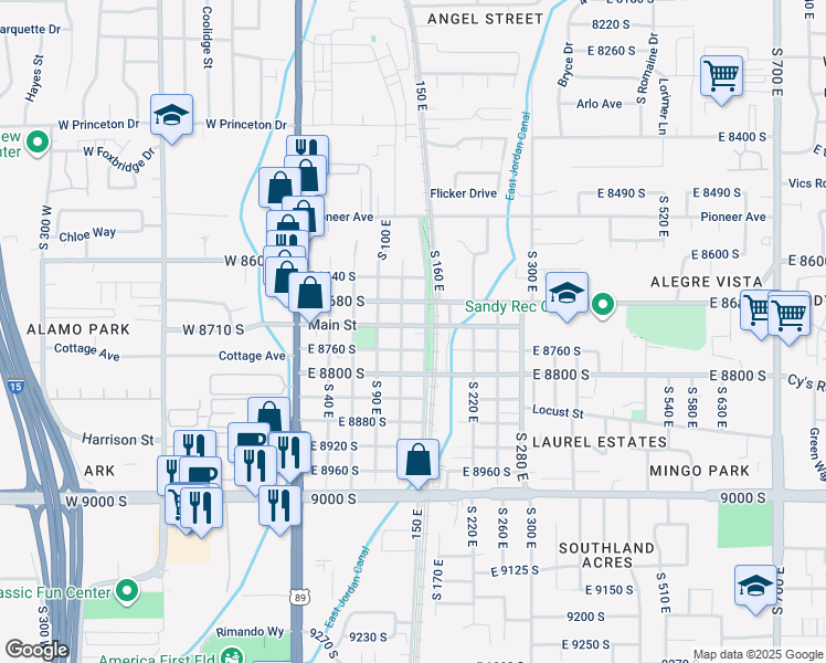 map of restaurants, bars, coffee shops, grocery stores, and more near 134 Main Street in Sandy
