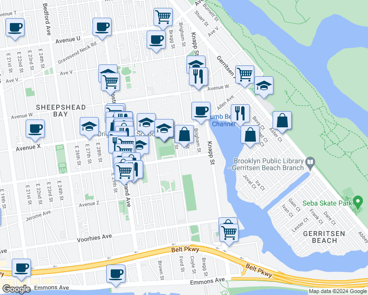 map of restaurants, bars, coffee shops, grocery stores, and more near 2460 Bragg Street in Brooklyn