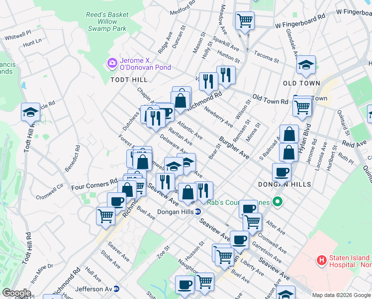 map of restaurants, bars, coffee shops, grocery stores, and more near 77 Delaware Avenue in Staten Island