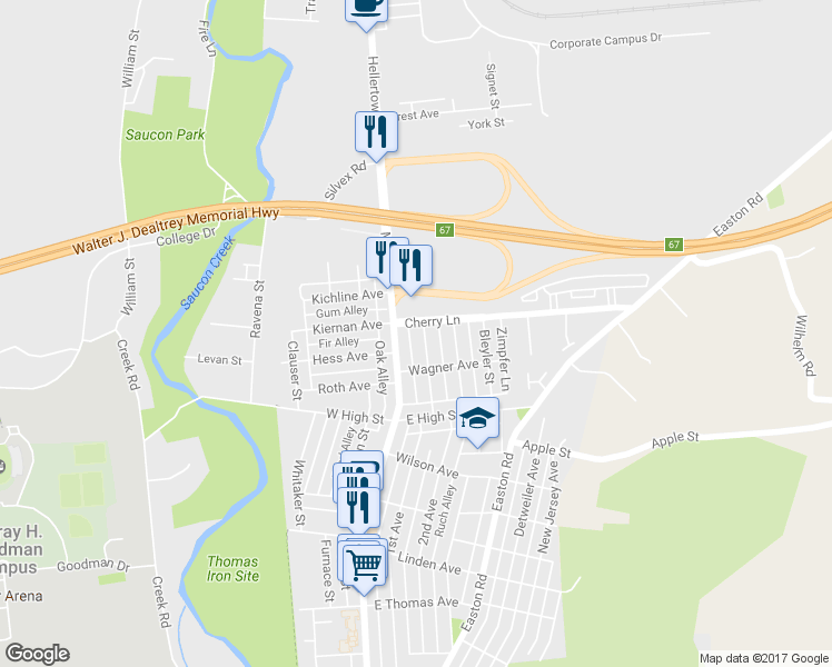map of restaurants, bars, coffee shops, grocery stores, and more near 1650 Burkhardt Street in Hellertown
