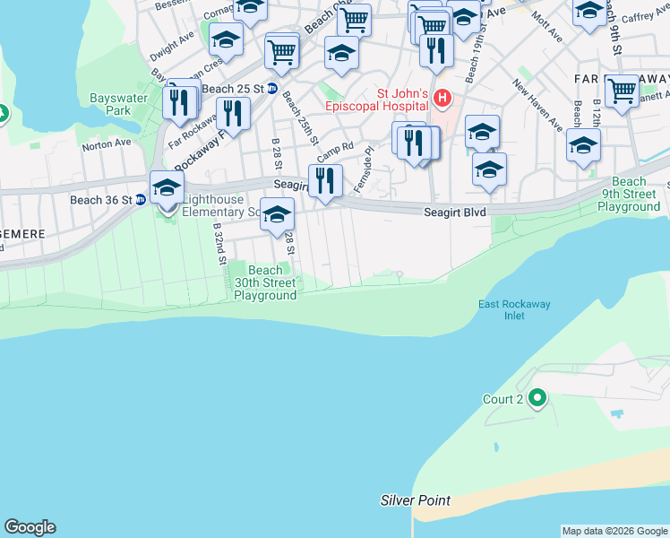 map of restaurants, bars, coffee shops, grocery stores, and more near 1-28 Beach 26th Street in Queens