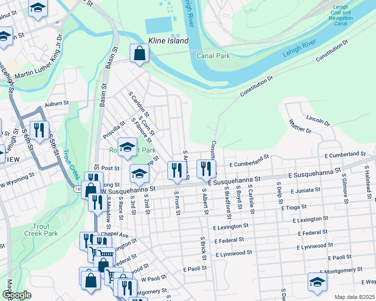 map of restaurants, bars, coffee shops, grocery stores, and more near 957 South Armour Street in Allentown