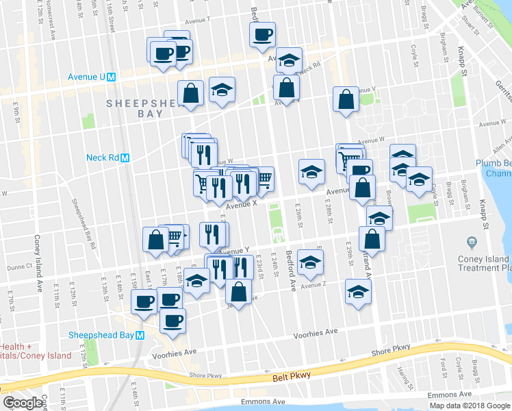map of restaurants, bars, coffee shops, grocery stores, and more near 2401 East 23rd Street in Brooklyn