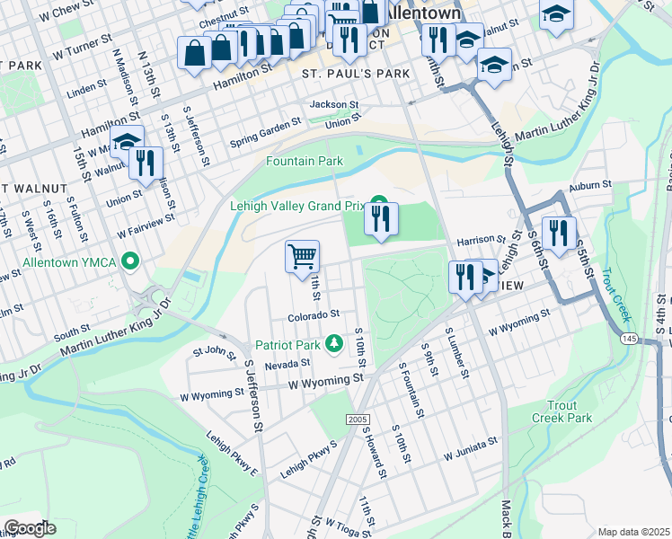map of restaurants, bars, coffee shops, grocery stores, and more near 1016 Harrison Street in Allentown