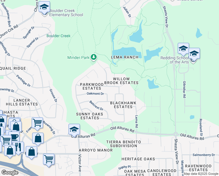map of restaurants, bars, coffee shops, grocery stores, and more near 2005 Tiburon Drive in Redding