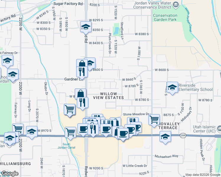 map of restaurants, bars, coffee shops, grocery stores, and more near 1528 West Turtle Dove Lane in West Jordan