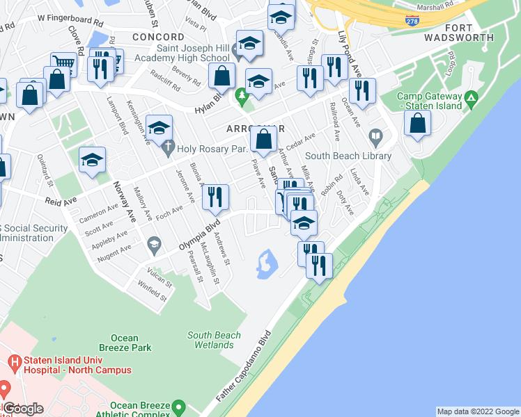 map of restaurants, bars, coffee shops, grocery stores, and more near 47 Olympia Boulevard in Staten Island