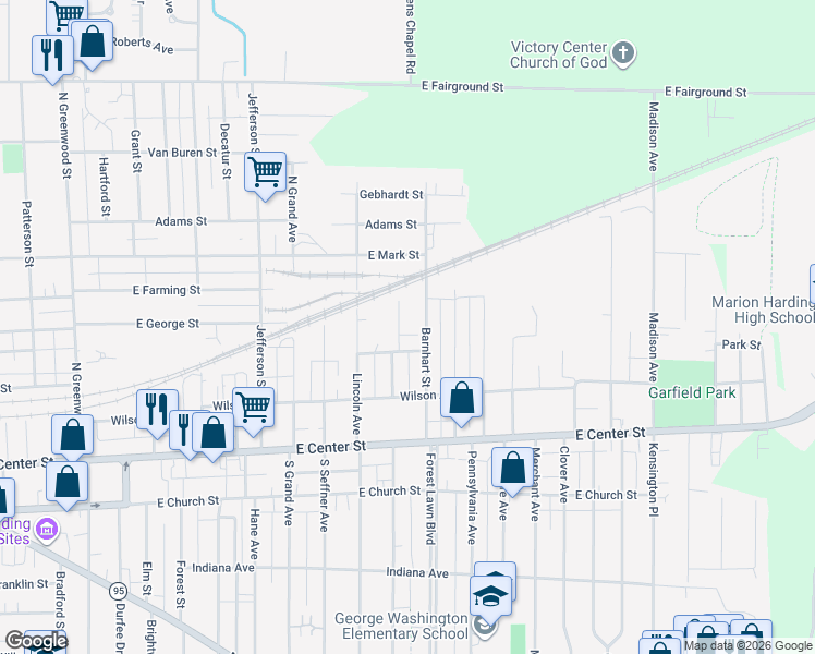 map of restaurants, bars, coffee shops, grocery stores, and more near 266 Midlam Avenue in Marion