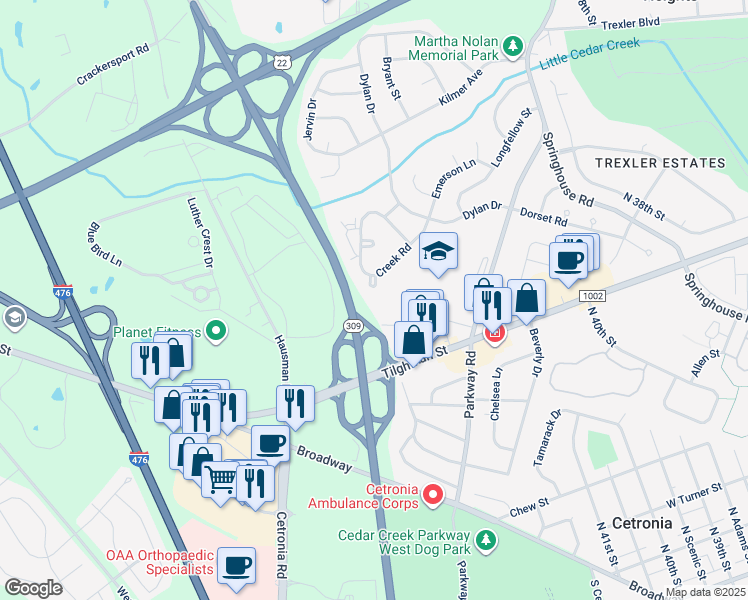 map of restaurants, bars, coffee shops, grocery stores, and more near 4360 Creek Road in Allentown