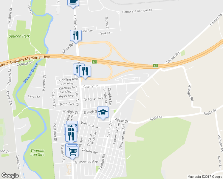 map of restaurants, bars, coffee shops, grocery stores, and more near 1633 Zimpfer Lane in Hellertown