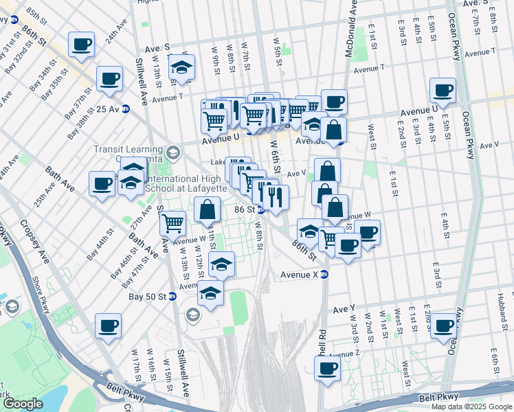 map of restaurants, bars, coffee shops, grocery stores, and more near 2811 86th Street in Brooklyn